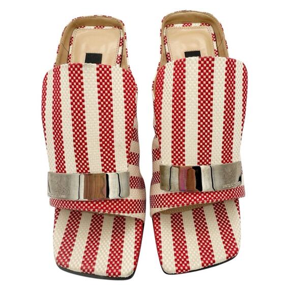 Sergio Rossi SR1 Red Stripe Canvas Mule Block Heel Slide Sandals Size EU 36 US 6 - Picture 3 of 13